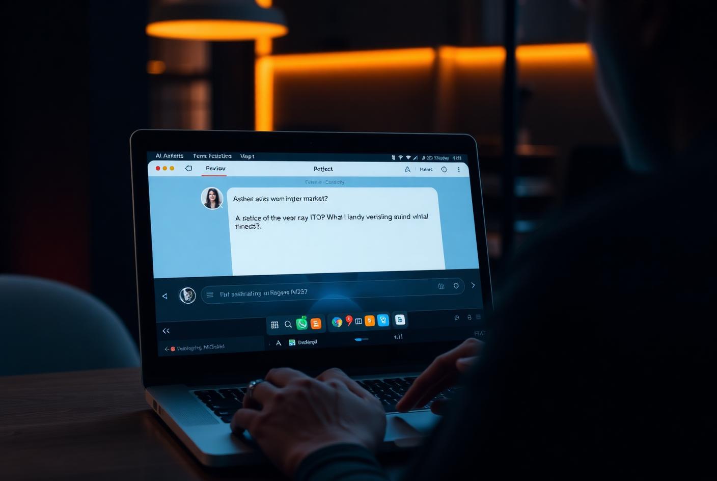 Laptop screen showing an AI assistant answering a search question in a chat interface