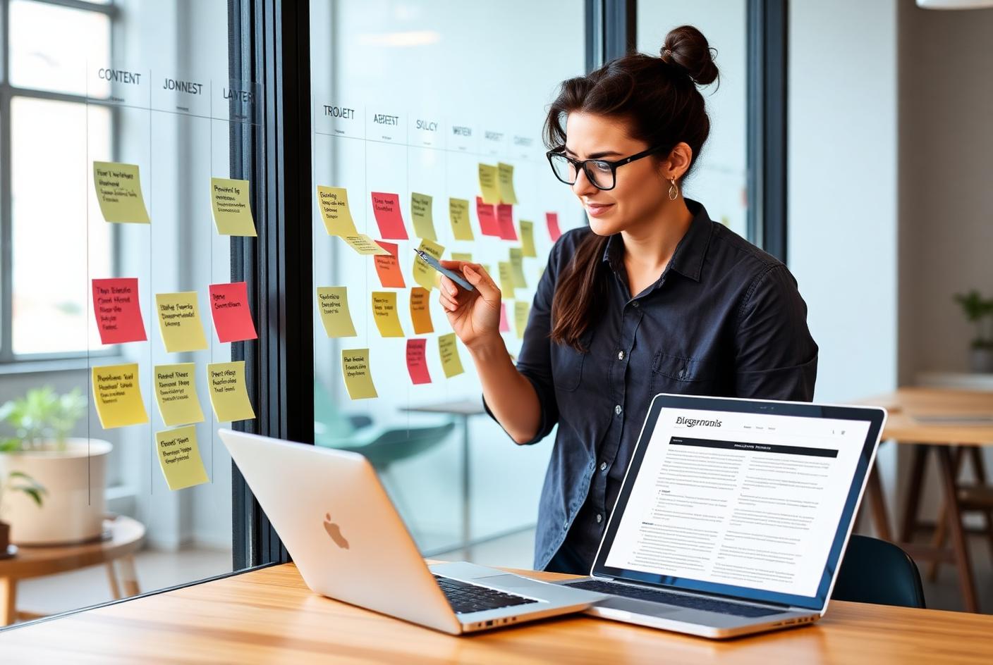 Content strategist planning an editorial calendar on a glass wall with a blog draft open on a laptop