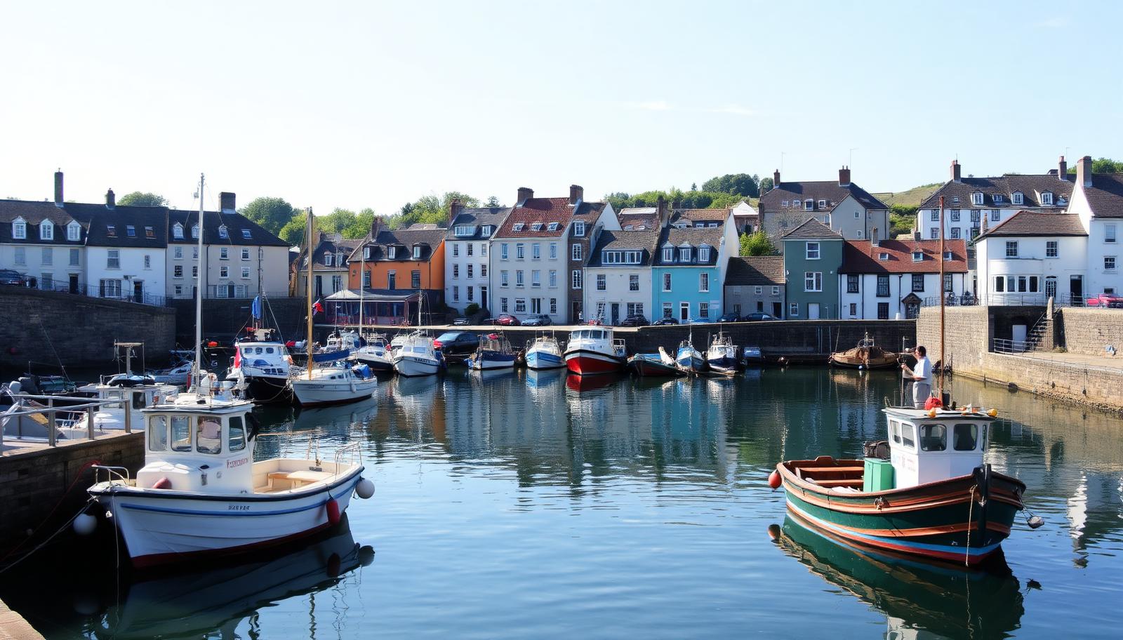 Devon coastal town harbour with pastel houses and fishing boats