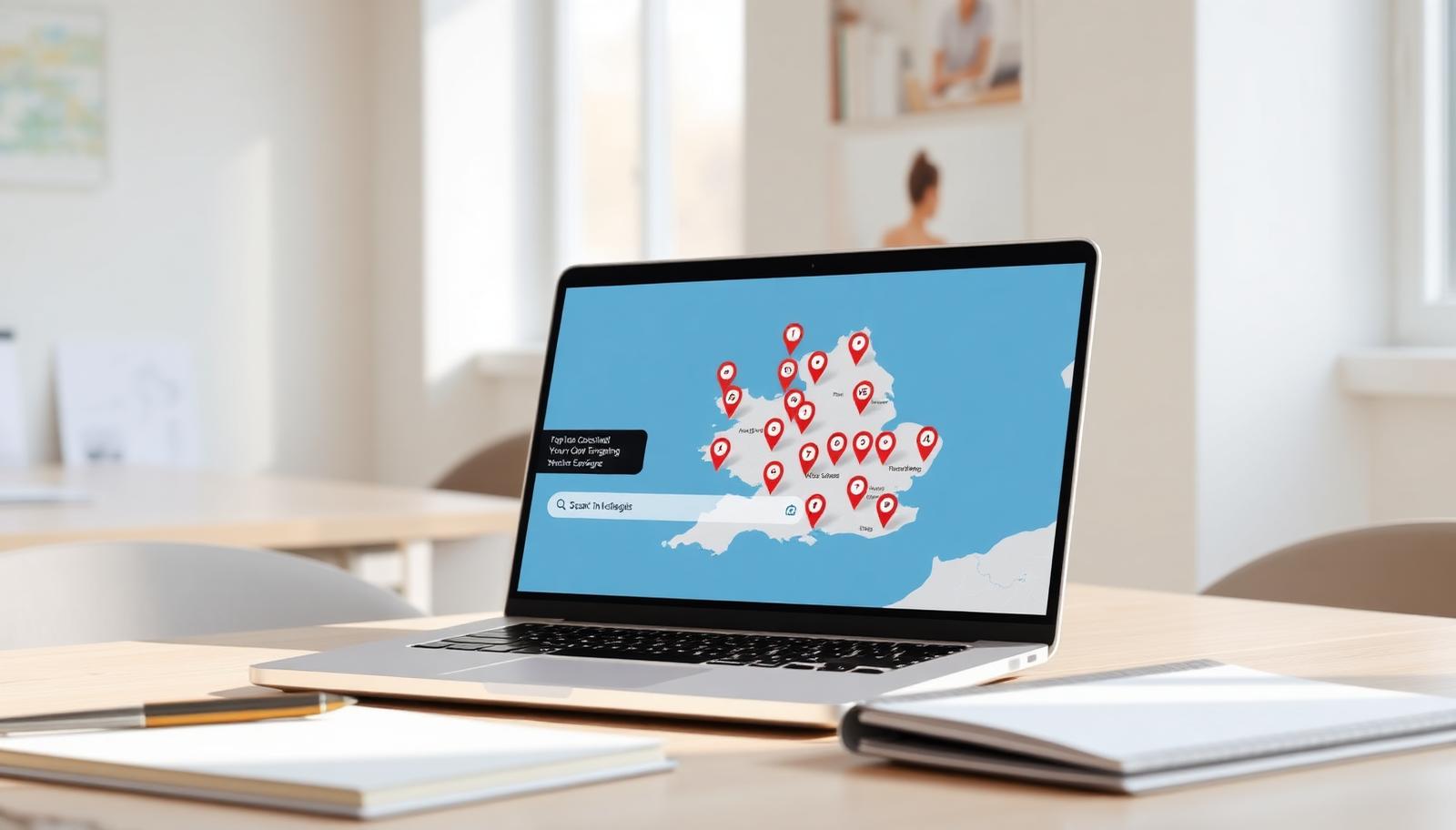 Laptop showing a southwest England map with local search location pins