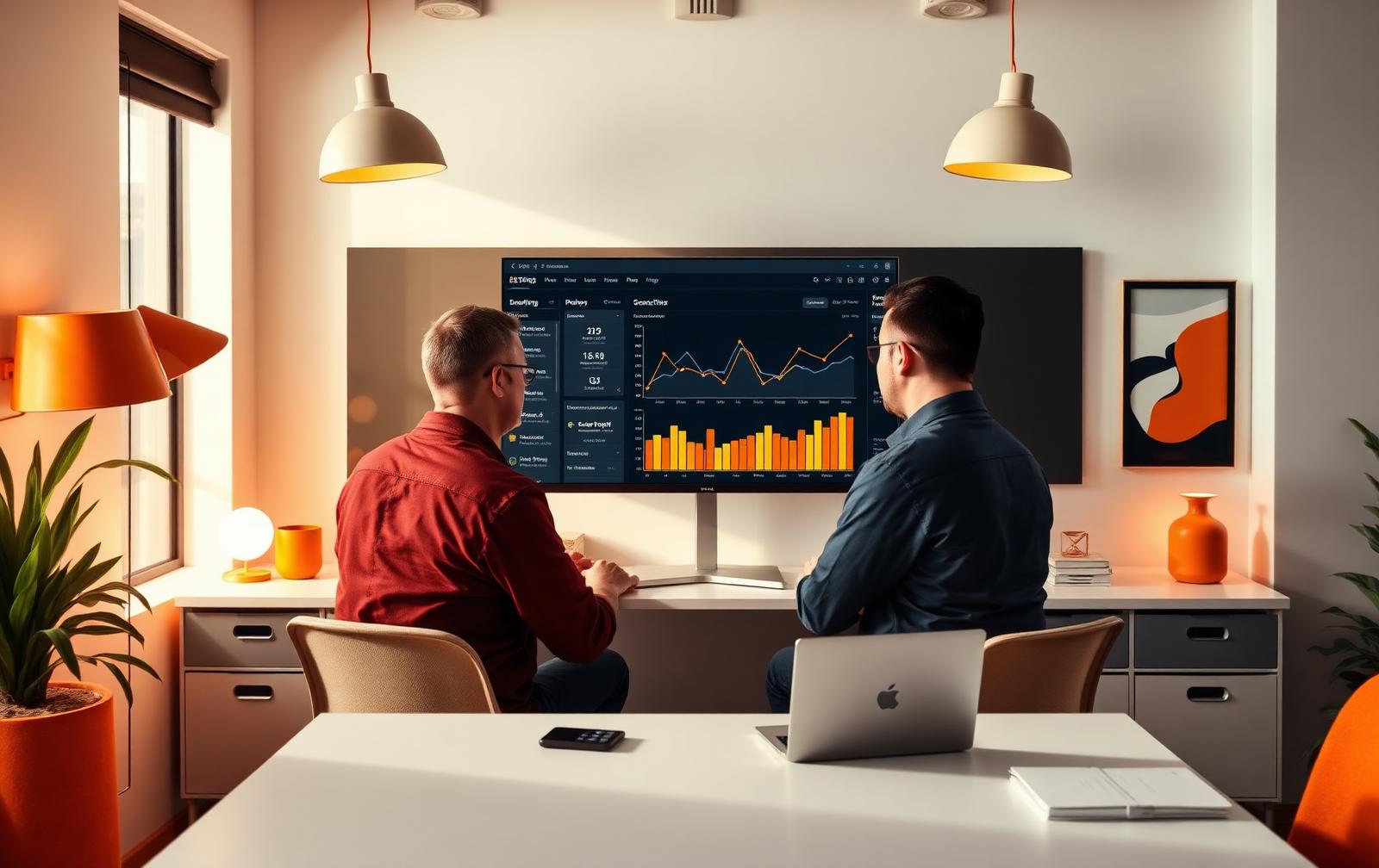 Digital marketing specialists reviewing a website traffic and enquiry analytics dashboard on a large screen