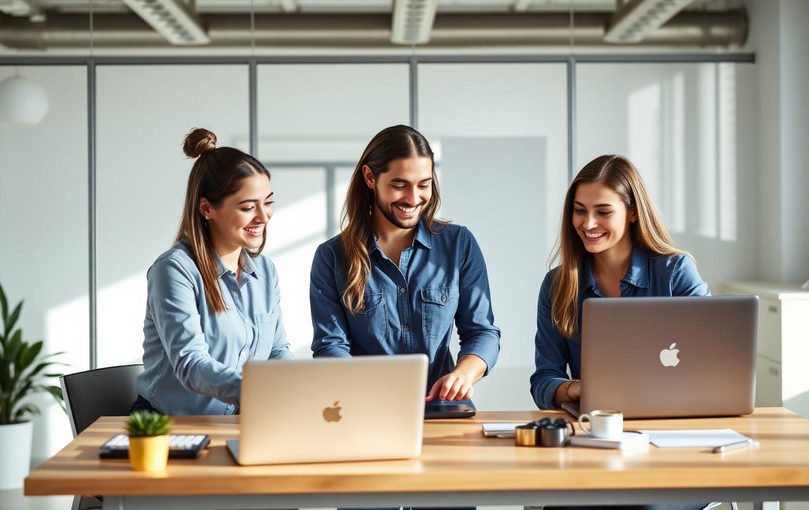 Small digital marketing agency team working together at a shared desk