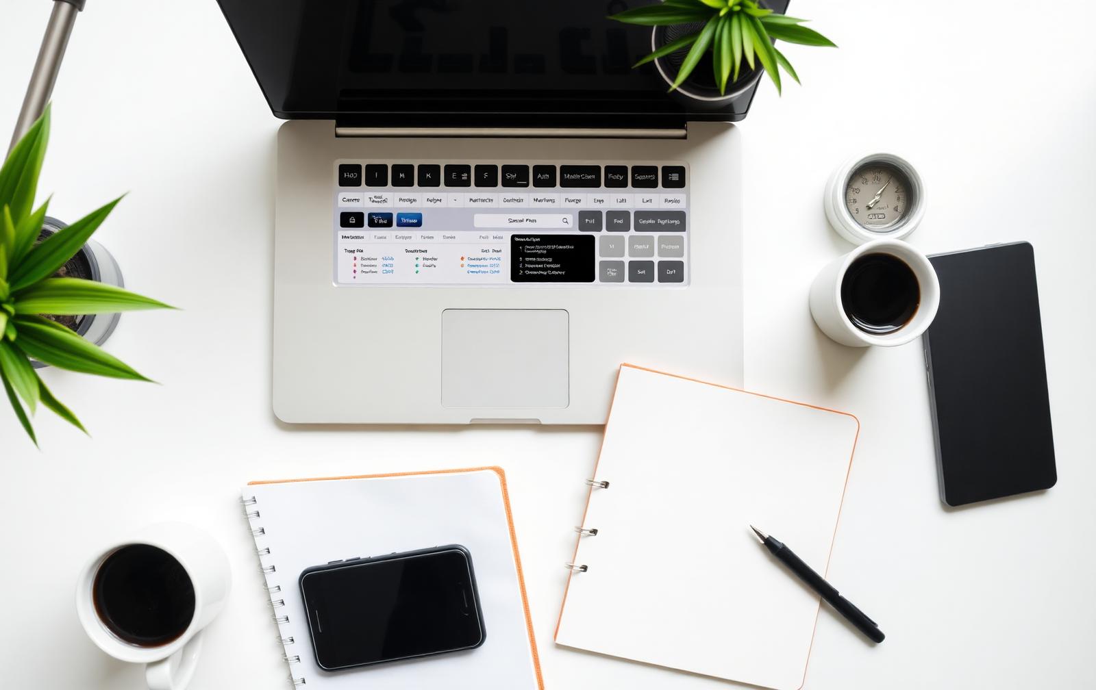 Desk flatlay of a digital marketing plan with laptop dashboard, notebook and phone