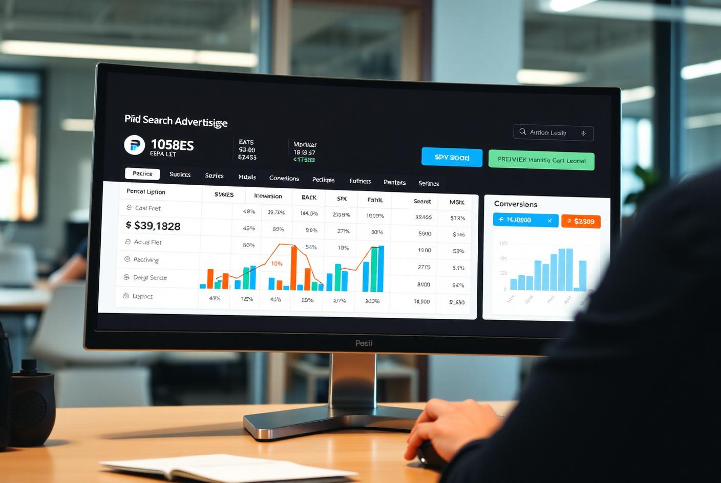 Paid search advertising campaign dashboard showing cost per lead and conversion performance