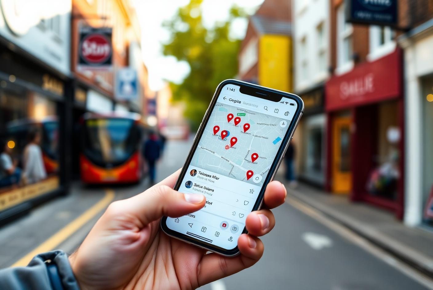 Mobile phone showing local map pack search results for nearby businesses on a UK high street