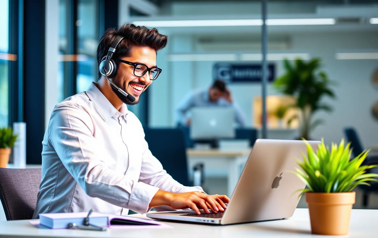 Marketing agency account manager taking a customer enquiry call at a desk