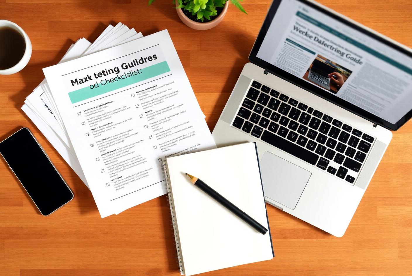 Printed digital marketing guides and checklists beside a laptop showing an article