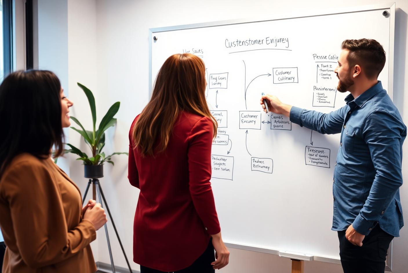 Marketers mapping a customer enquiry journey on a whiteboard