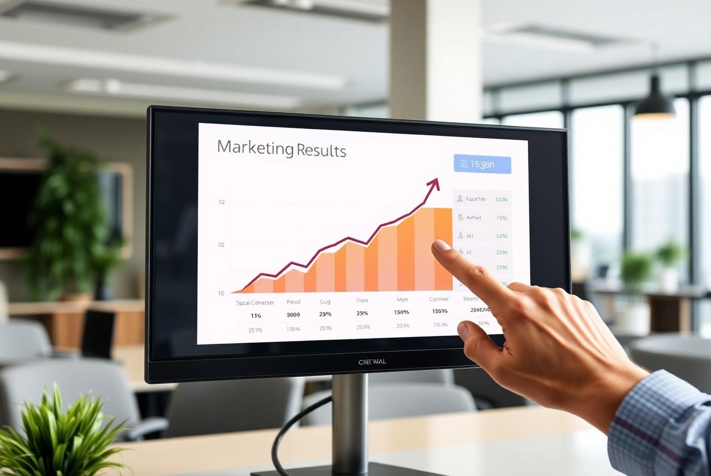 Marketing results report on screen showing an upward lead growth chart