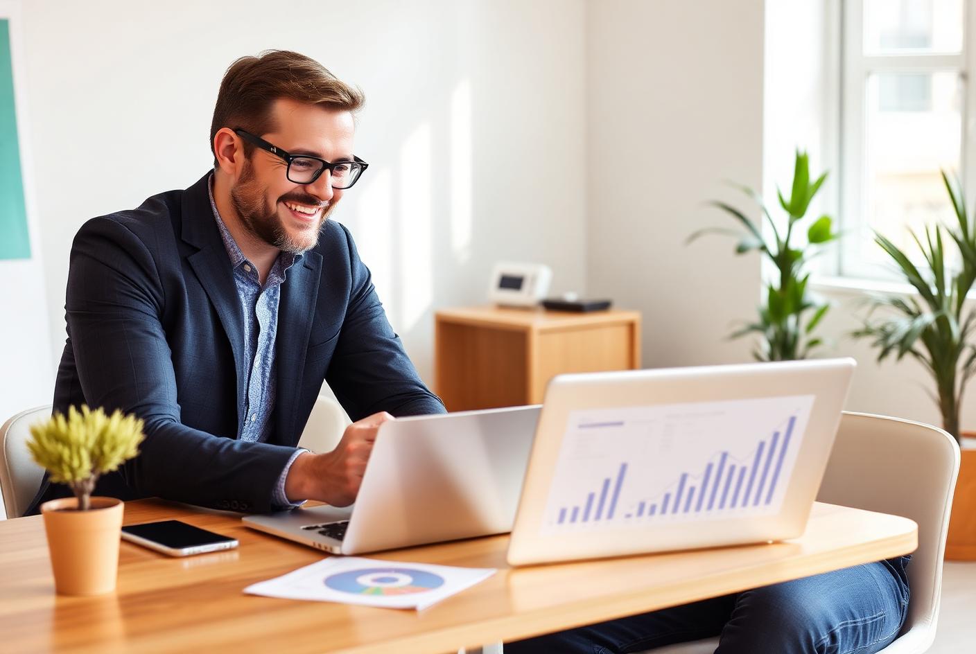 Digital marketing consultant reviewing growth charts with a small business owner