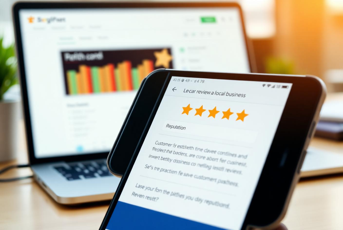 Smartphone showing five-star customer reviews for a local business beside a reputation dashboard