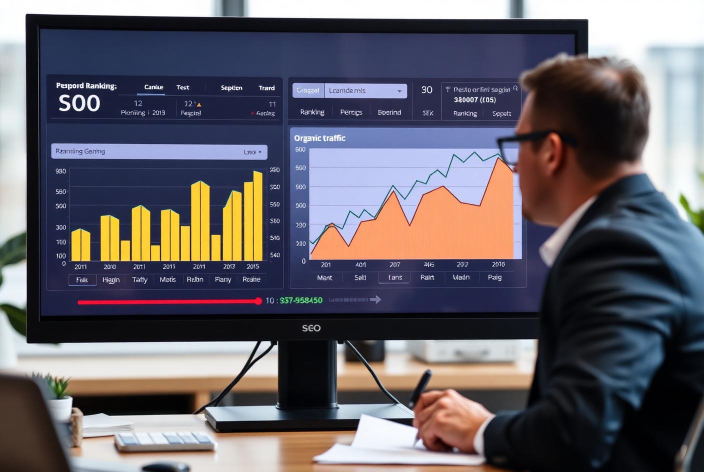 SEO analyst reviewing keyword ranking and organic traffic growth charts on a monitor