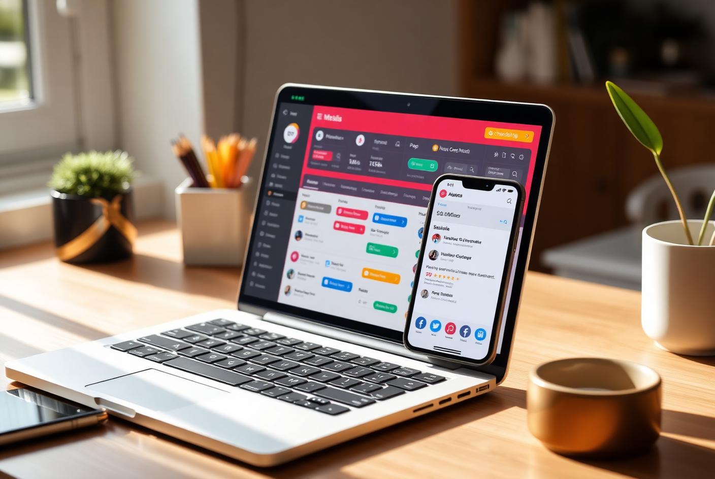 Social media and email marketing scheduling dashboard on a laptop with a phone alongside