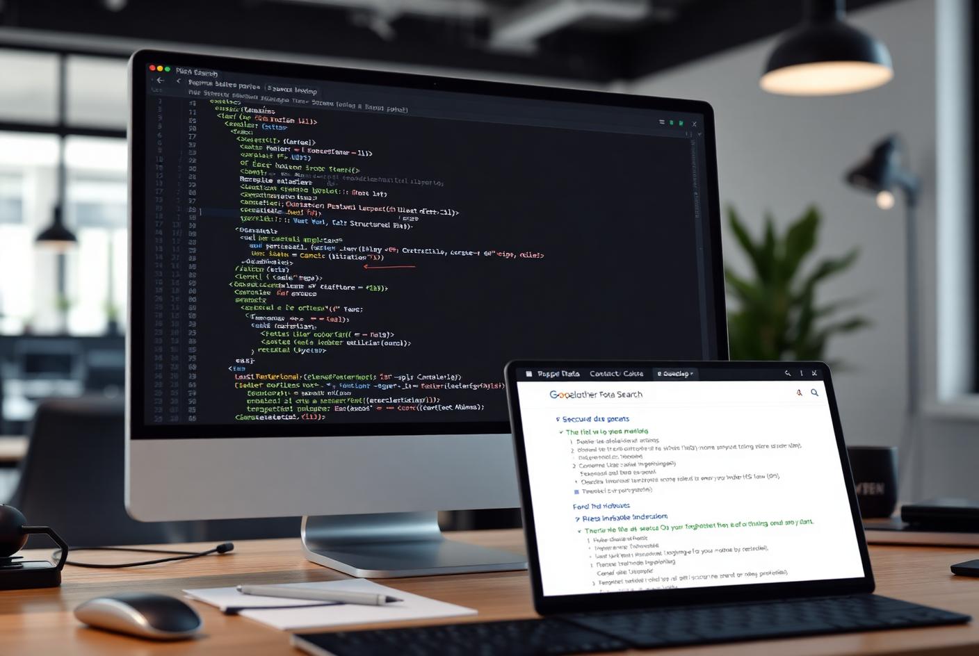 Structured data schema markup code on screen beside a rich search result preview