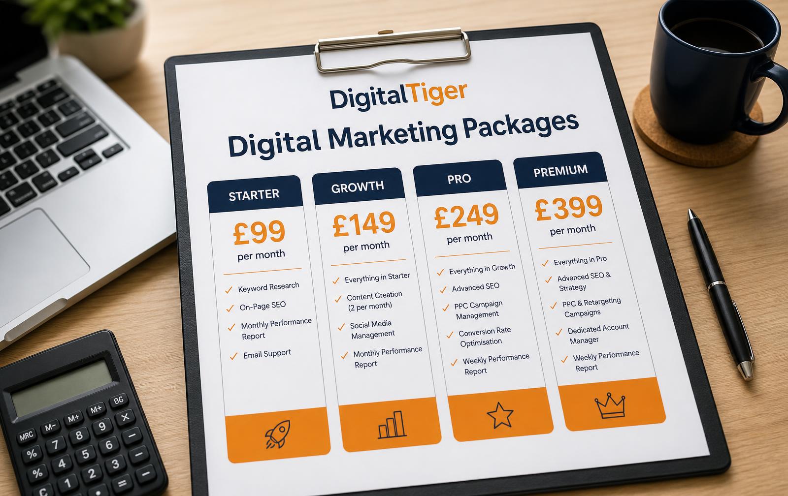 Clipboard showing tiered digital marketing price plans beside a calculator and laptop
